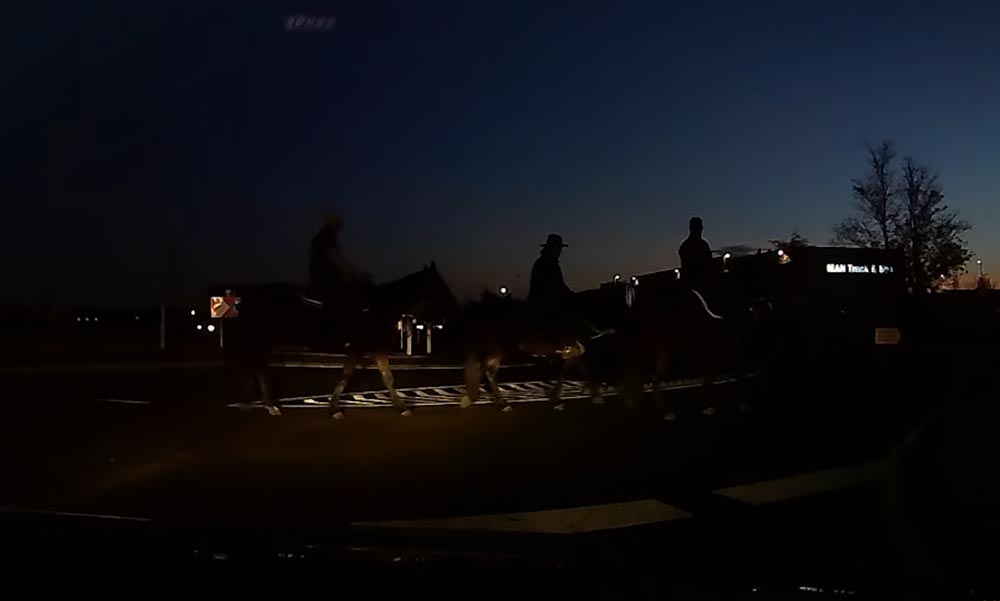 Kivilágítatlan lovasok bukkantak fel hirtelen a körforgalomban (Videó)